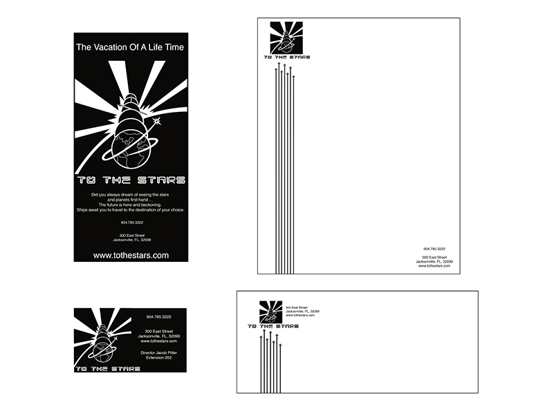 Identiy system letterhead, enelop, business card. (Logo sun rise with planets and ship flying into distance)