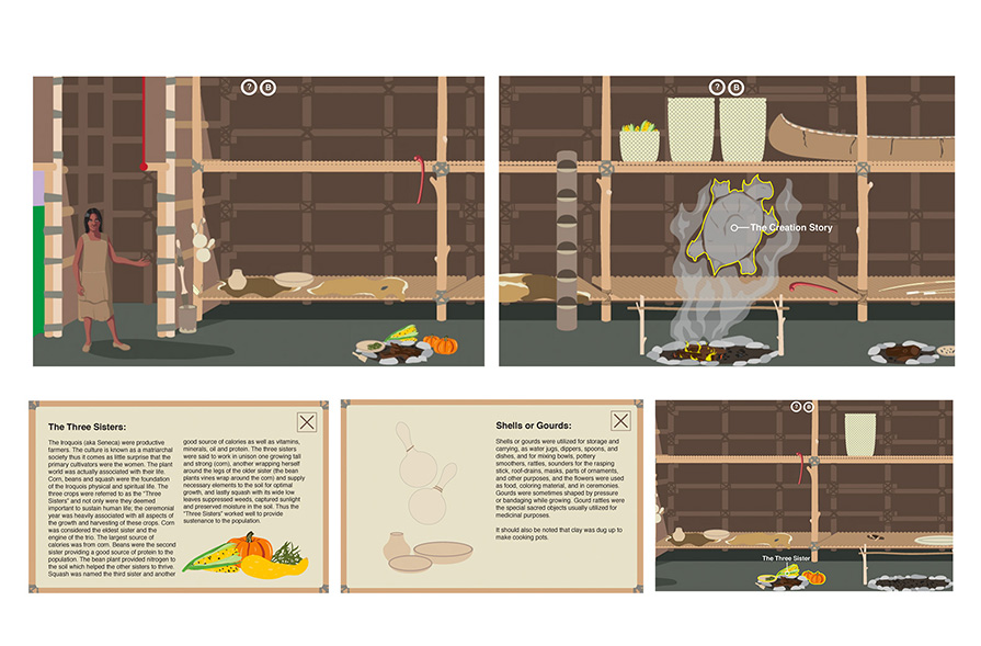 Several images showing interactive elements as well as illustration of a Native American Longhouse