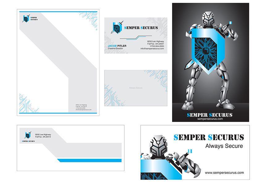 Logo futuristic shield and sword crest Letterhead, Business card, and spot ad