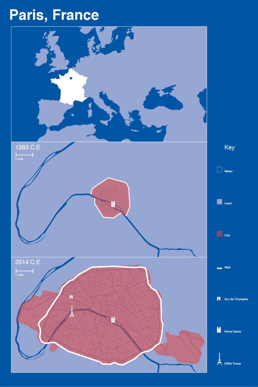 Map of Paris, France showing wall over time. 